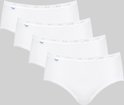 Vier witte midi slips op een rij, met kanten boord aan de taille en beenopeningen.