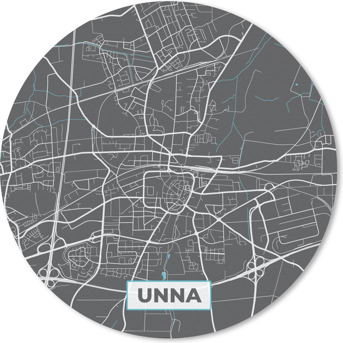 Muismat rond 20x20 cm - Mousepad Stadskaart – Plattegrond – Duitsland – Blauw – Unna – Kaart - Ronde muismatten - Stadskaart