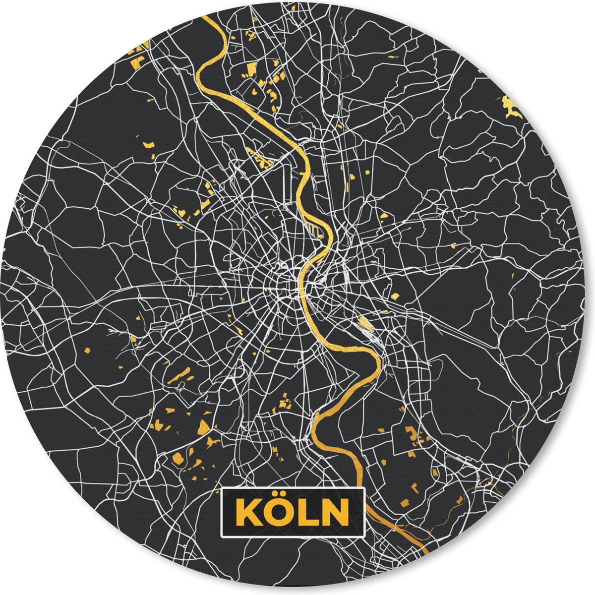 Muismat - Mousepad - Rond - Keulen - Plattegrond - Stadskaart - Kaart - Duitsland - Goud - 50x50 cm - Ronde muismat