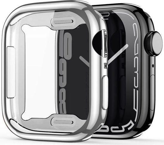 Een zilverkleurig, doorzichtig Apple Watch-hoesje naast een zwarte Apple Watch.