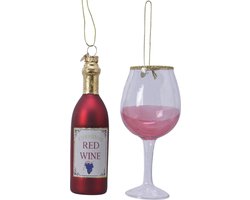 Decoris Kersthangers - 2x - wijnfles met wijnglas - glas - rood - kerstornamenten