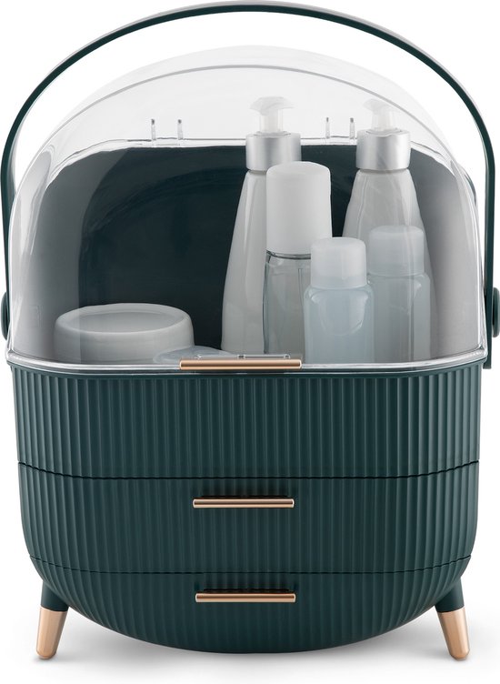 Navaris make-up organizer met lades - Cosmetica- en make-updoos met doorzichtige deksel en 2 lades - Voor badkamer, slaapkamer of op reis - Groen