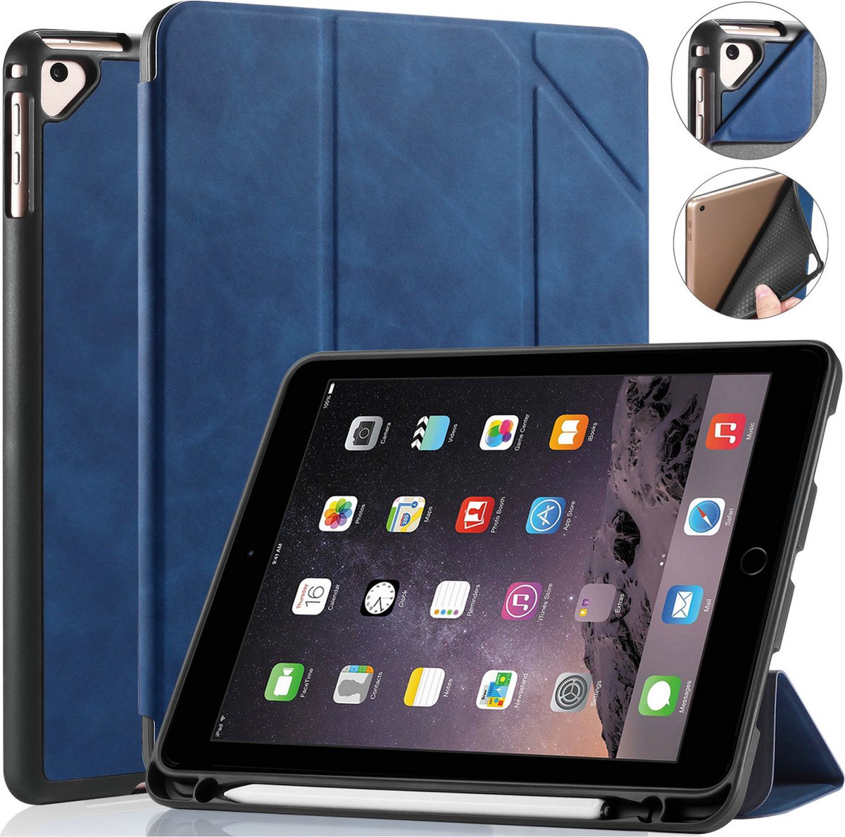 CaseMe - Tablet hoes geschikt voor iPad 9.7 (2017/2018) - Ming Book Case - Tablethoes met Auto Wake/Sleep functie - Blauw