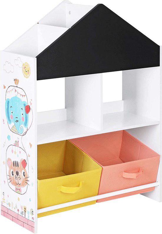 Kinderkamerplank, speelgoedorganizer, speelgoedplank met schoolbord, multifunctionele opbergdozen, plank, voor kinderkamers, speelkamers, wit, zwart, oranje en geel GKR320W01