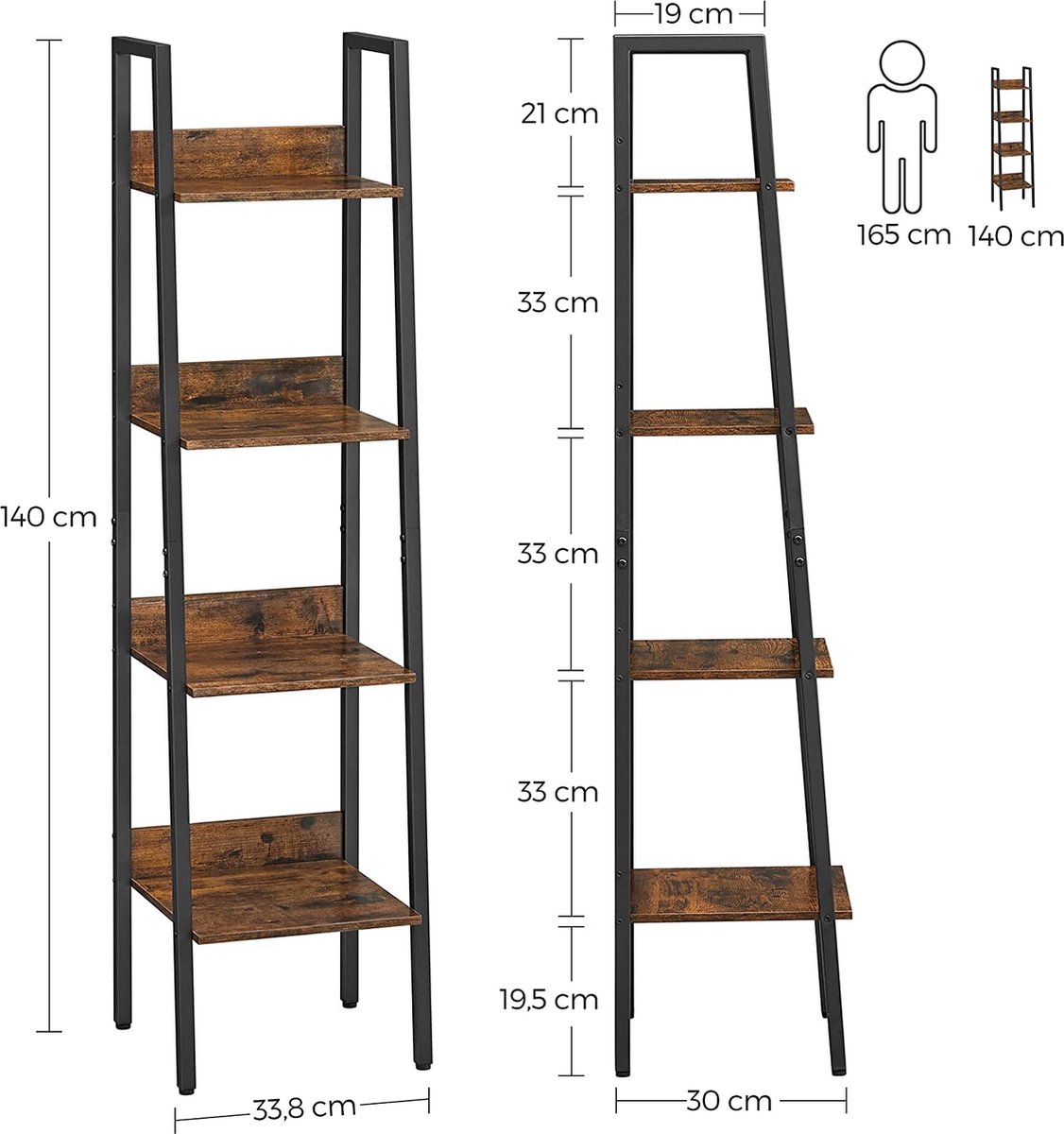 FURNIBELLA - boekenkast, ladder plank, open, met 4 niveaus, metalen frame, voor woonkamer, slaapkamer, keuken, studeerkamer, kantoor, industrieel ontwerp, vintage bruin-zwart LLS108B01