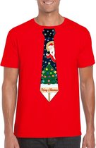 Rood kerst T-shirt voor heren - Kerstman en kerstboom stropdas print S