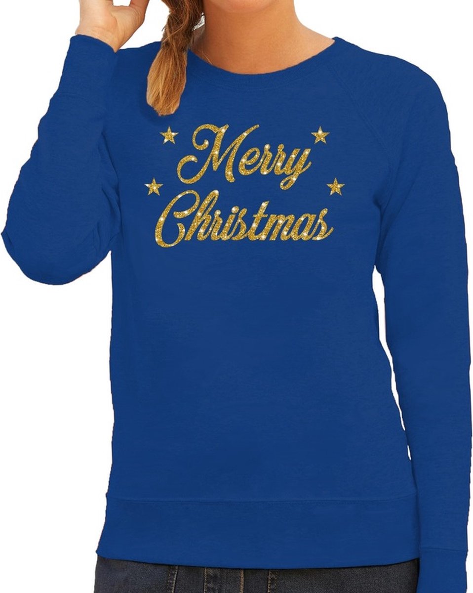 Afbeelding van product Bellatio Decorations  Foute Kersttrui / sweater - Merry Christmas - goud / glitter - blauw - dames - kerstkleding / kerst outfit 2XL  - maat 2XL