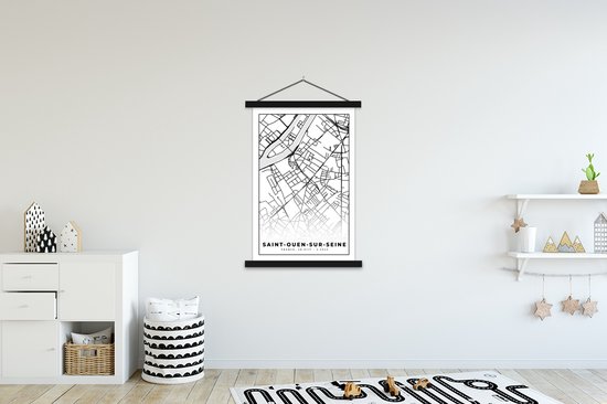 Porte-affiche avec affiche - Affiche scolaire - Carte - Saint-Ouen-sur-Seine - Carte - France - Plan de la ville - Zwart et blanc - 120x180 cm - Lattes noires