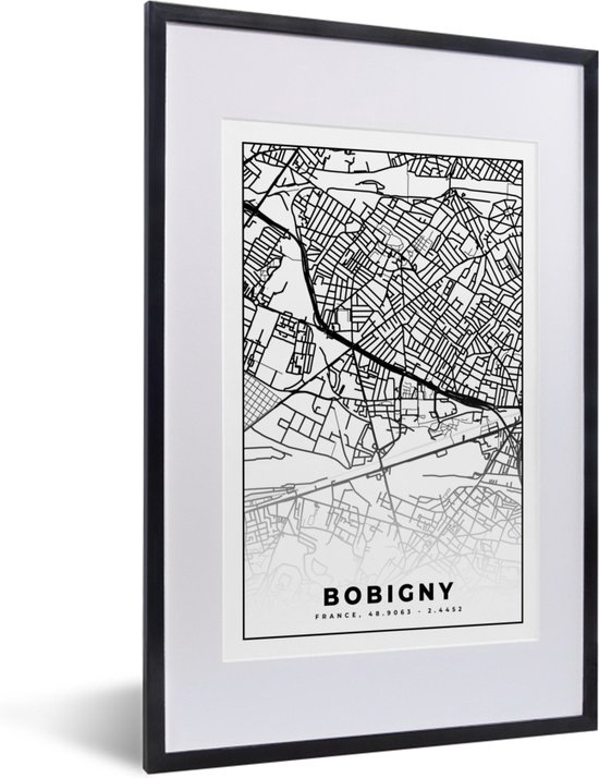 Fotolijst incl. Poster Zwart Wit- Stadskaart - Bobigny - Frankrijk - Kaart - Plattegrond - Zwart wit - 40x60 cm - Posterlijst
