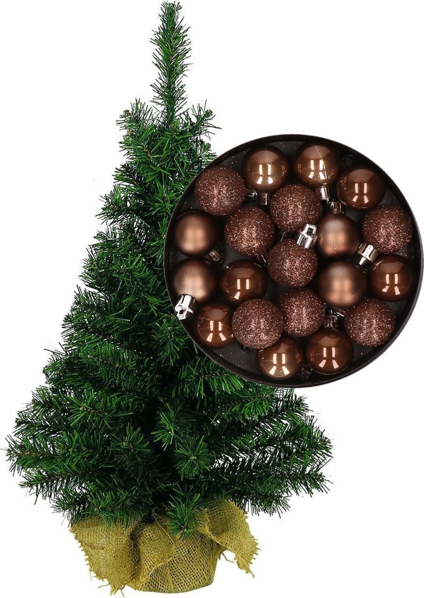 Mini kerstboom/kunst kerstboom H35 cm inclusief kerstballen donkerbruin - Kerstversiering