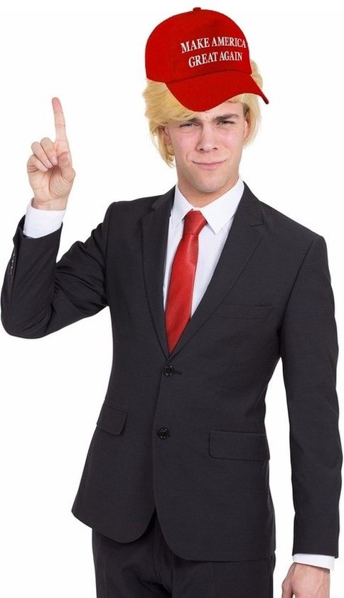 Feestpet make America great again rood met blonde pruik en rode stropdas voor volwassenen - Donald Trump - verkleed kostuum / carnavalskleding