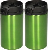 2x Warmhoudbekers metallic/warm houd bekers groen 320 ml - RVS Isoleerbekers/thermosbekers voor onderweg