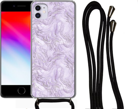 Coque avec cordon Adapté pour iPhone 12 Mini - Imprimé marbré - Argent - Luxe - Motif - Siliconen - Bandoulière - Coque arrière avec cordon - Coque téléphone avec cordon - Coque avec cordon