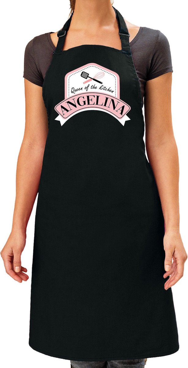 Naam cadeau Angelina - Queen of the kitchen schort zwart - keukenschort cadeau