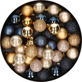 42x stuks kunststof kerstballen donkerblauw, champagne en goud mix 3 cm - Kerstboomversiering