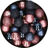 28x stuks kunststof kerstballen donkerblauw en oudroze mix 3 cm - Kerstboomversiering