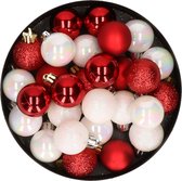 28x pcs Boules de Noël en plastique nacre blanc et rouge mix 3 cm - Décorations pour sapins de Noël