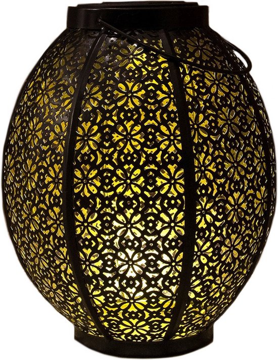 1x stuks zwart/gouden ronde solar lantaarns van metaal 23 cm - Tuinverlichting - Tuinlampen - Solarlampen