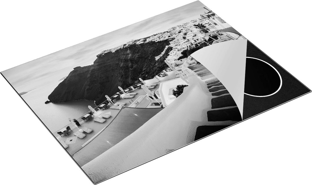 Chefcare Inductie Beschermer Luxe Huisjes aan de Kust in Fira, Griekenland - Zwart Wit - 77x59 cm - Afdekplaat Inductie - Kookplaat Beschermer - Inductie Mat