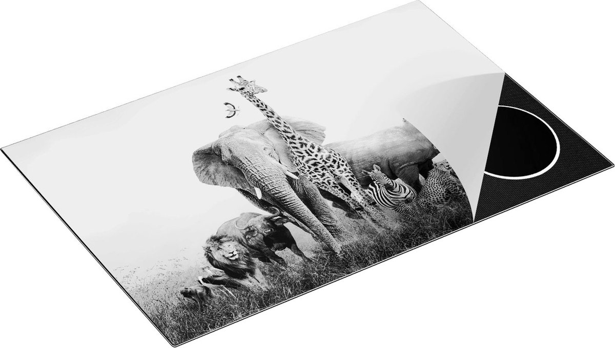 Chefcare Inductie Beschermer Afrikaanse Dieren op het Gras - Afrika - Zwart Wit - 78x52 cm - Afdekplaat Inductie - Kookplaat Beschermer - Inductie Mat