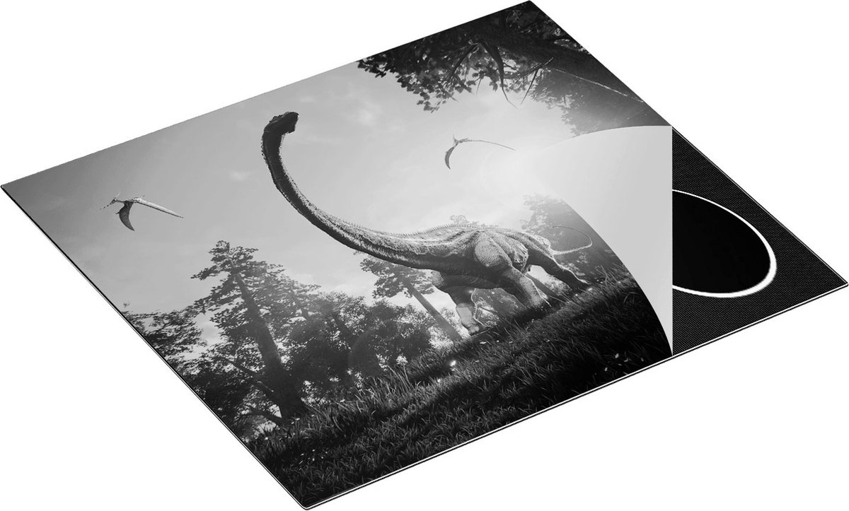Chefcare Inductie Beschermer Diplodocus Dinosauriër in het Bos - Zwart Wit - 60x52 cm - Afdekplaat Inductie - Kookplaat Beschermer - Inductie Mat