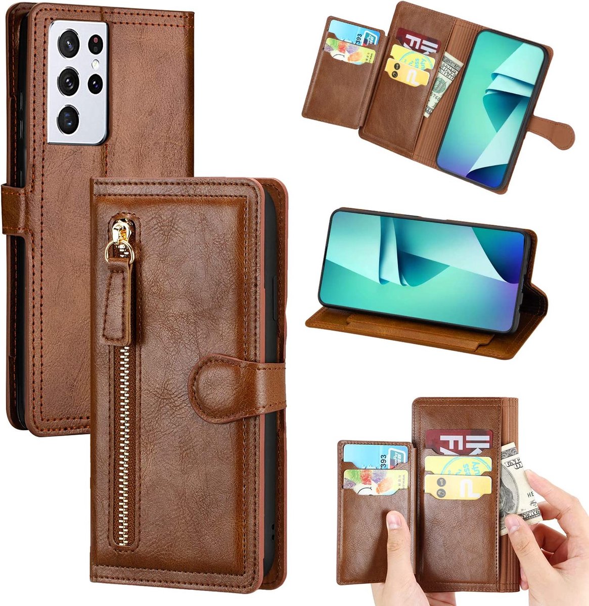 Bookcase Hoesje Geschikt voor: Samsung Galaxy A33 5G met ritssluiting - Flipcover - Magnetisch - 5 kaarten houder - Donkerbruin