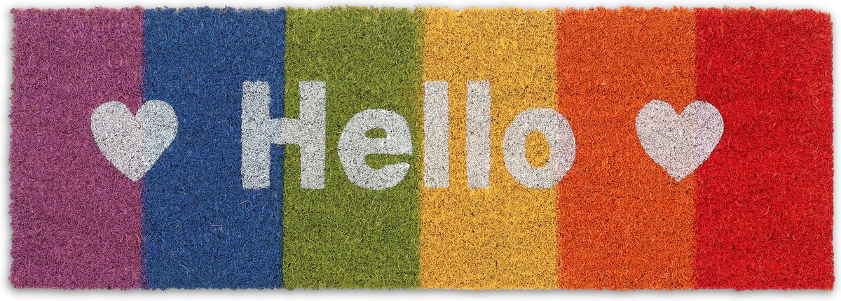 deurmat kokos - met tekst hello - 75 x 25 cm - antislip - regenboog