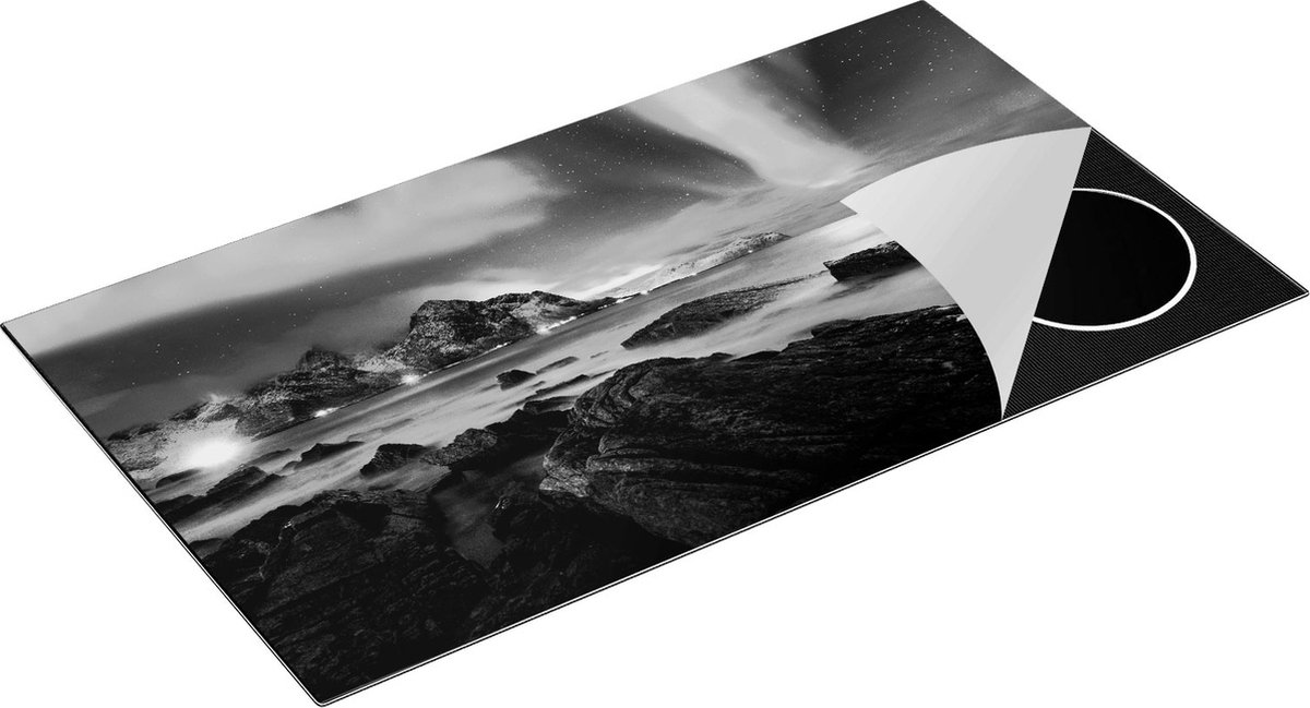 Chefcare Inductie Beschermer Noorderlicht boven het Water bij Rotsen - Zwart Wit - 95x50 cm - Afdekplaat Inductie - Kookplaat Beschermer - Inductie Mat