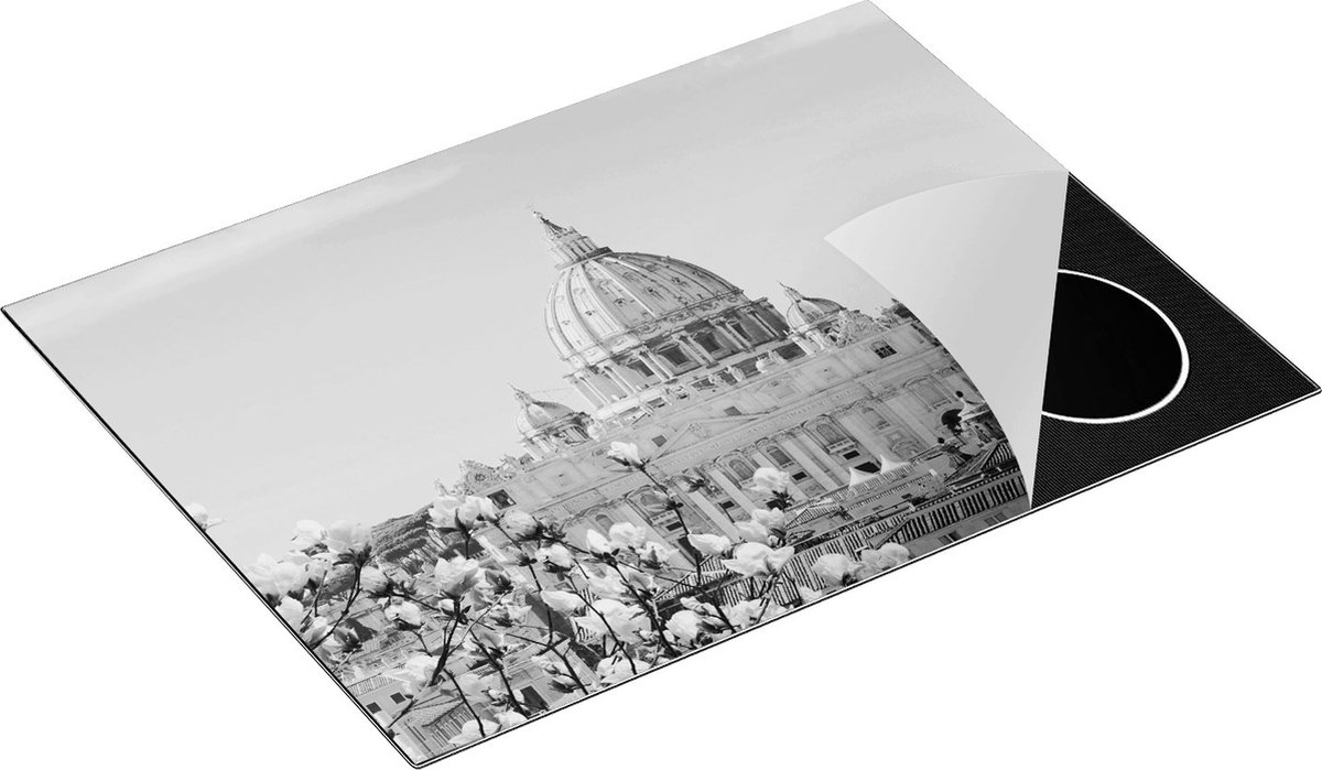 Chefcare Inductie Beschermer Sint Pietersbasiliek in Rome met Bloemen - Zwart Wit - 70x50 cm - Afdekplaat Inductie - Kookplaat Beschermer - Inductie Mat