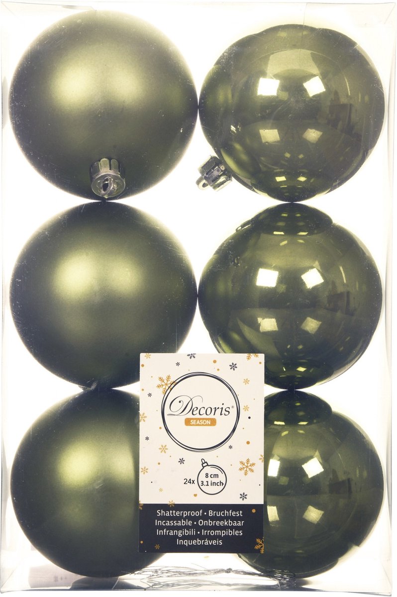 24x stuks kunststof kerstballen mos groen 8 cm - Mat/glans - Onbreekbare plastic kerstballen