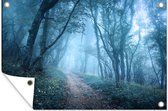 Tuinposter - Tuin - Natuur - Mist - Bomen - 90x60 cm - Tuindoek - Wanddecoratie - Tuindecoratie