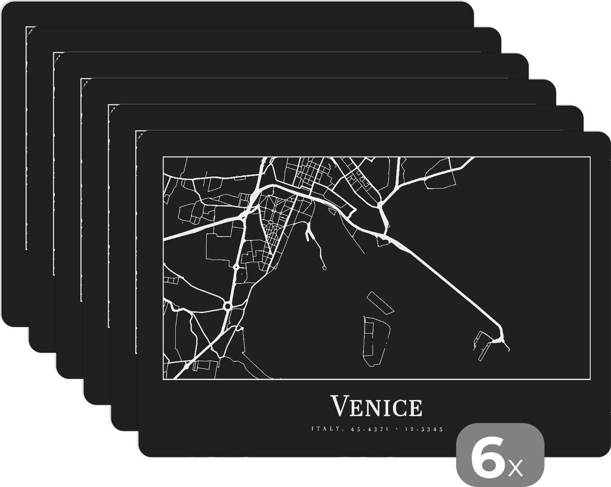 Placemat - Placemats kunststof - Stadskaart - Venetië - Kaart - Plattegrond - Venice - 45x30 cm - 6 stuks - Hittebestendig - Anti-Slip - Onderlegger - Afneembaar