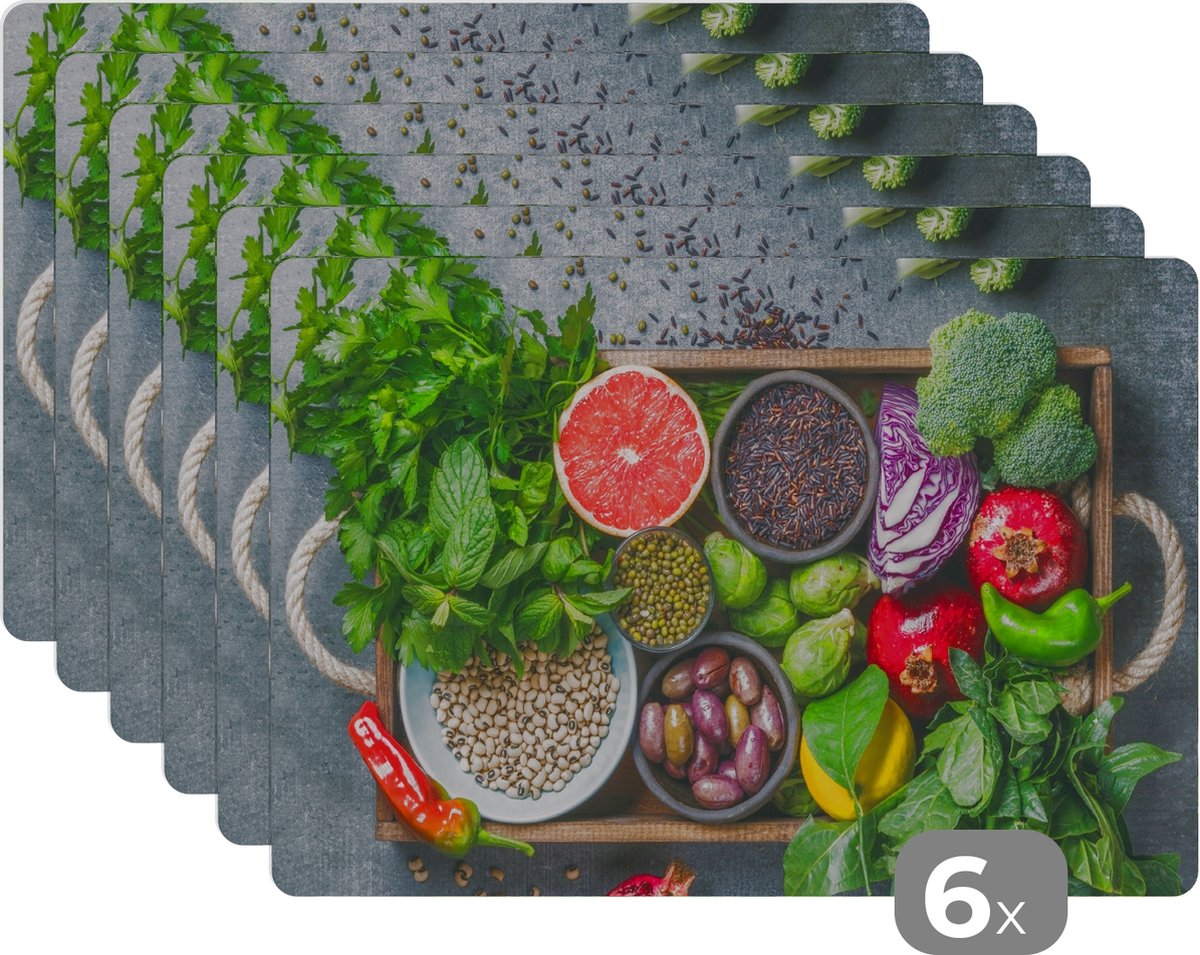 Placemat - Placemats kunststof - Kist - Fruit - Gezond - 45x30 cm - 6 stuks - Hittebestendig - Anti-Slip - Onderlegger - Afneembaar