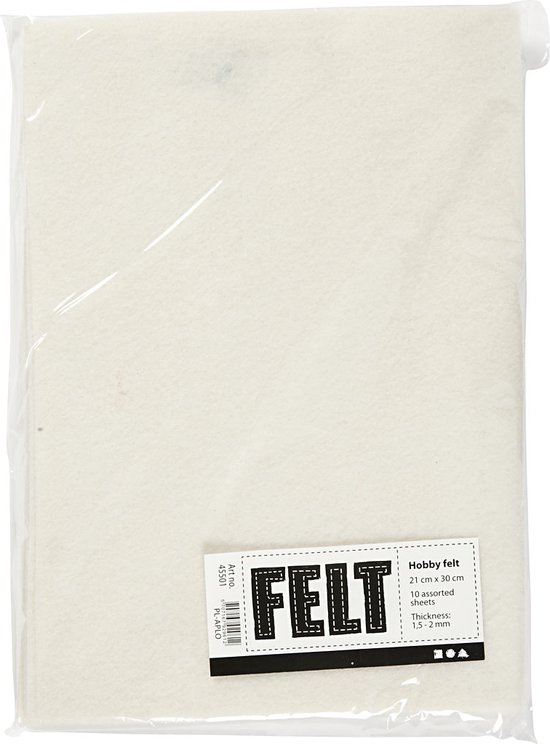 Pak van 10 off-white hobbyvilt vellen van 21x30 cm en 1,5-2 mm dik in transparante verpakking.