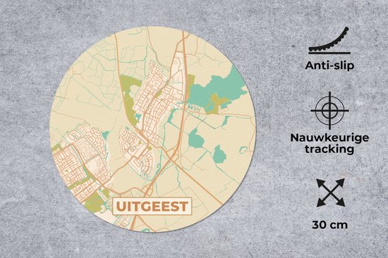 Muismat - Mousepad - Rond - Plattegrond - Uitgeest - Kaart - Stadskaart - Vintage - 30x30 cm - Ronde muismat