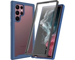 Hoesje met Ingebouwde Screenprotector Geschikt voor Samsung Galaxy S22 Ultra | Full Protect valbescherming | Schokbestendige Beschermhoes tegen Vallen | Shockproof | Doorzichtig / Blauw