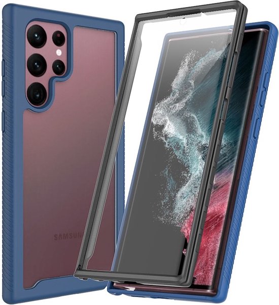 Hoesje met Ingebouwde Screenprotector Geschikt voor Samsung Galaxy S22 Ultra | Full Protect valbescherming | Schokbestendige Beschermhoes tegen Vallen | Shockproof | Doorzichtig / Blauw
