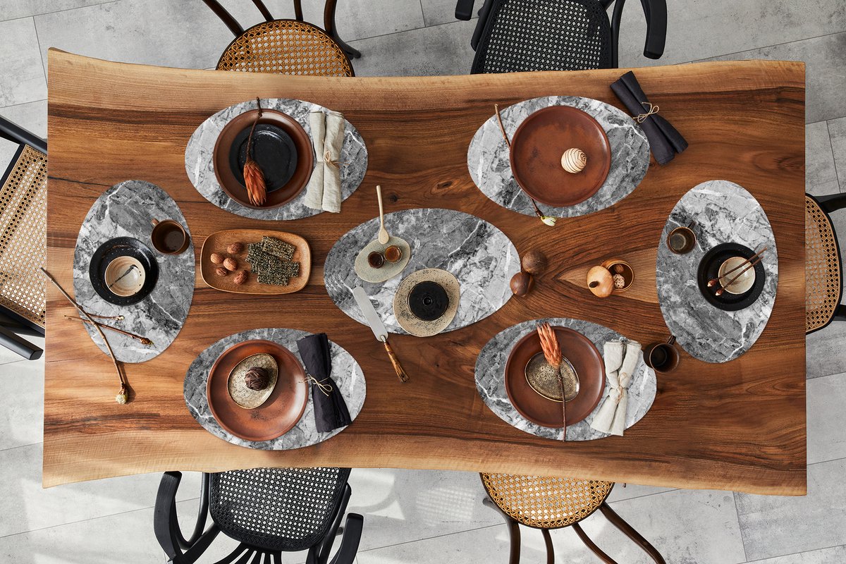 Placemats ovaal - Onderleggers - Ovale placemats - Graniet print - Kristal - Grijs - Wit - 10 stuks