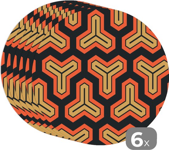 Sets de table ronds - Dessous de verre - Napperons ronds - Goud - Rouge - Motifs - Japonais - 6 pcs