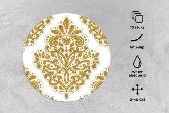 Sets de table ronds - Dessous de verre - Napperons ronds - Vintage - Fleurs - Or - Motifs - 10 pièces