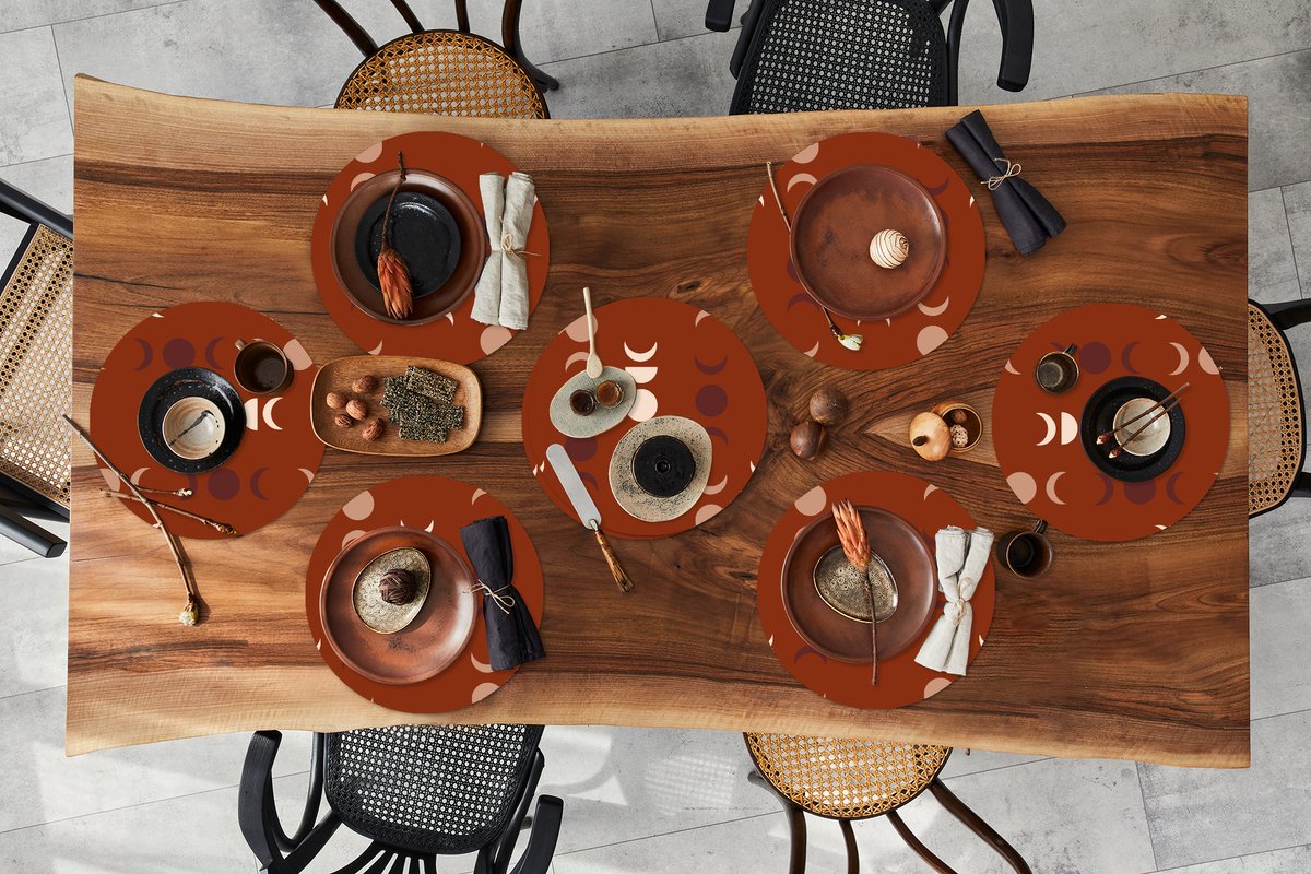 Ronde placemats - Onderlegger - Placemats rond - Maan - Rood - Patroon - 8 stuks