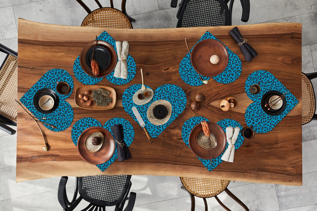 Onderleggers - Placemats - Placemats hartje - Panterprint - Blauw - Design - Dieren - 8 stuks