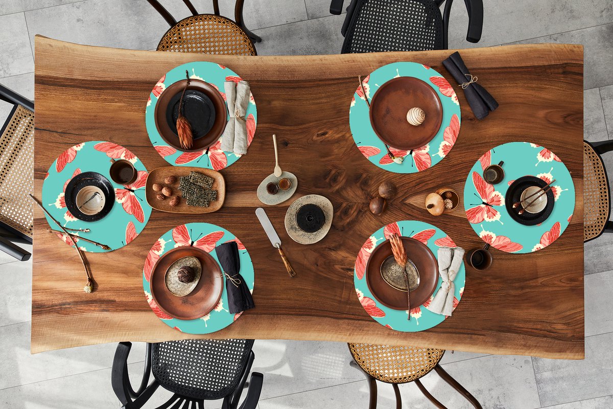 Ronde placemats - Onderlegger - Placemats rond - Vlinders - Roze - Patroon - 6 stuks