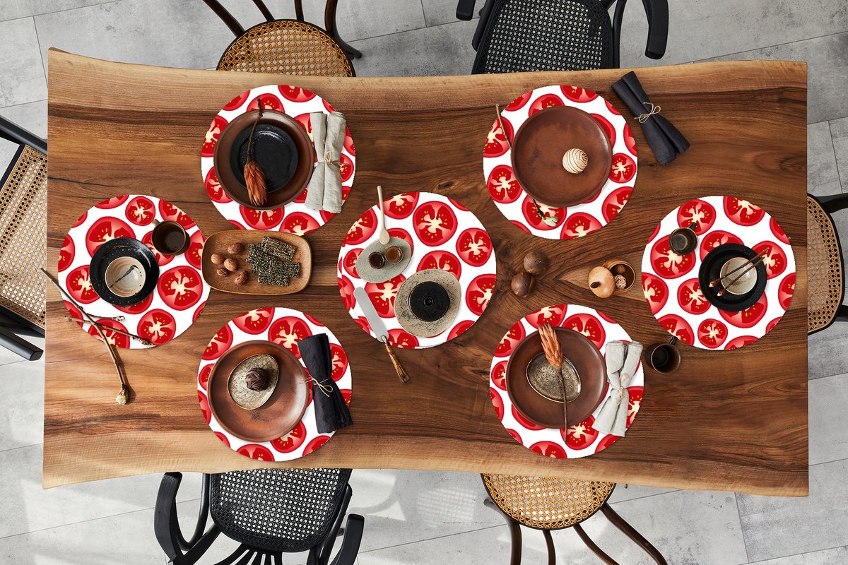 Ronde placemats - Onderlegger - Placemats rond - Tomaat - Patroon - Fruit - Groente - 8 stuks