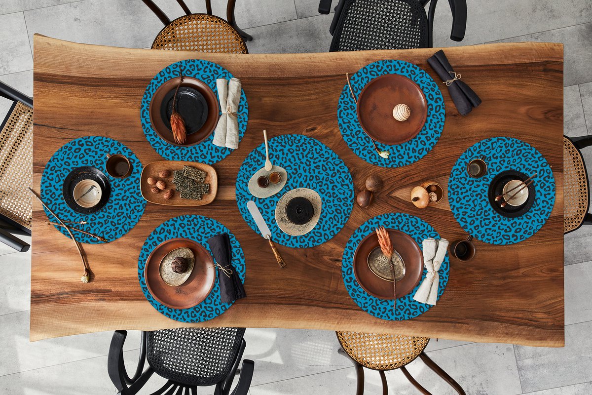 Ronde placemats - Onderlegger - Placemats rond - Panterprint - Blauw - Design - Dieren - 10 stuks
