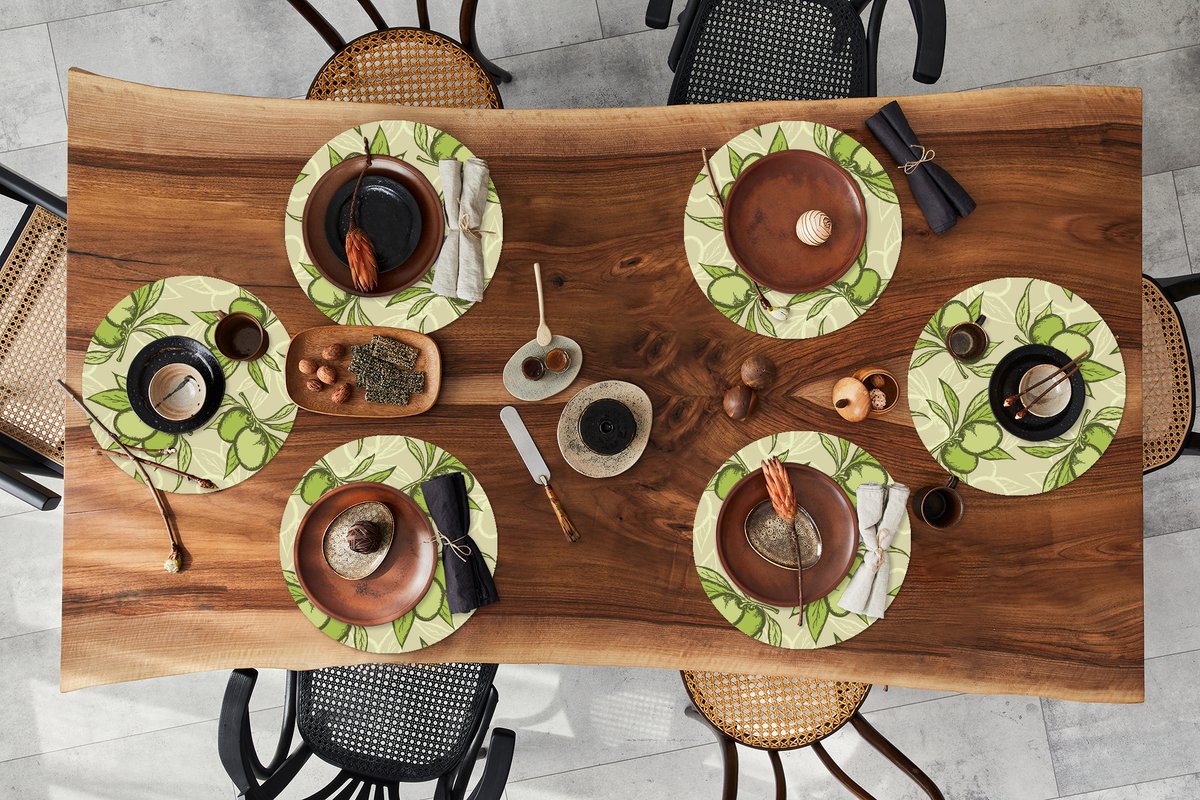 Ronde placemats - Onderlegger - Placemats rond - Olijf - Bladeren - Vegan - Design - Vintage - 6 stuks