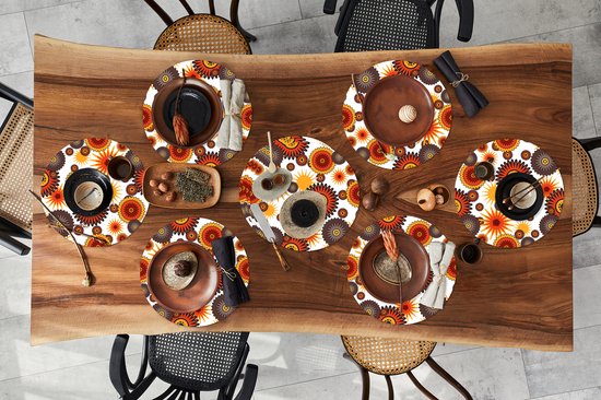 Ronde placemats - Onderlegger - Placemats rond - Design - Retro - Oranje - Bloemen - 10 stuks