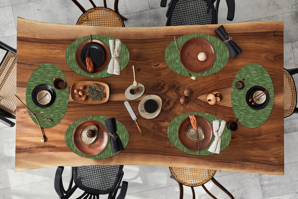 Placemats ovaal - Onderleggers - Ovale placemats - Patroon - Bladeren - Groen - 6 stuks