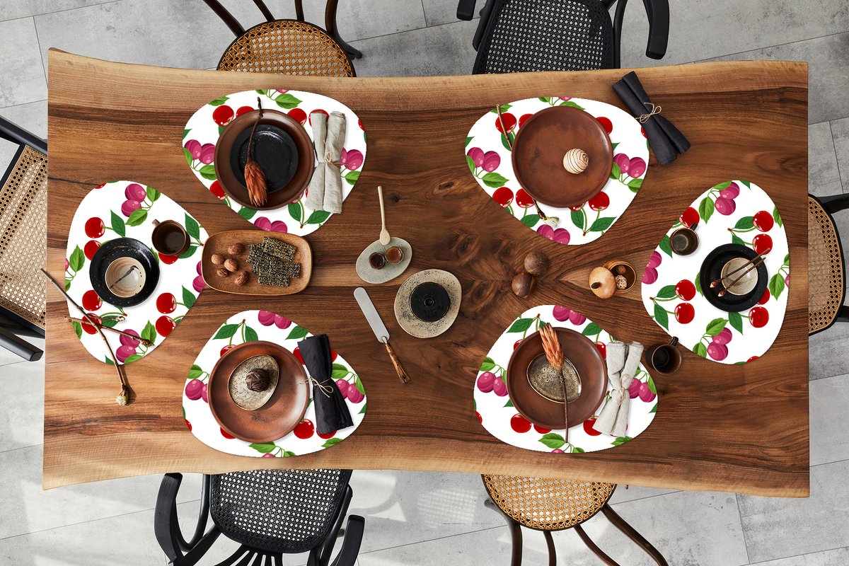 Placemat organisch - Placemats organic - Onderleggers - Kersen - Patronen - Fruit - 6 stuks