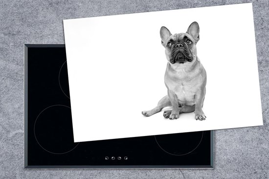 KitchenYeah® Inductie beschermer 80x52 cm - Portret van een Franse buldog op een witte achtergrond - zwart wit - Kookplaataccessoires - Afdekplaat voor kookplaat - Inductiebeschermer - Inductiemat - Inductieplaat mat